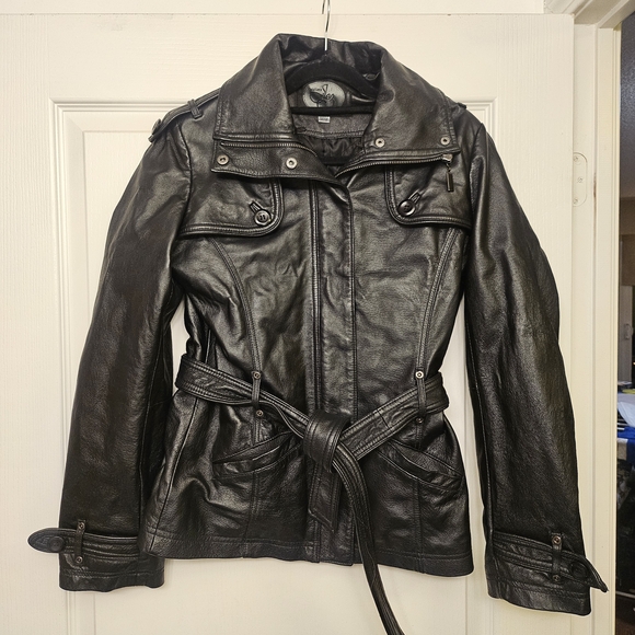 90s Vintage Black Leather Genuine Leather Jacket - Picture 2 of 10